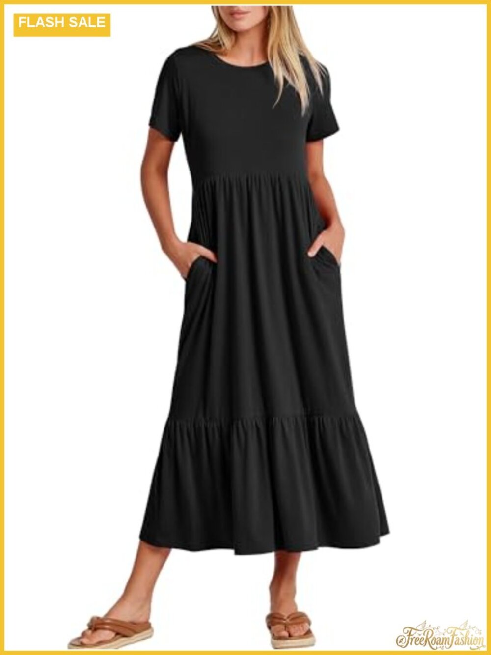 A-Line Tiered Flowy Maxi Dress Short Sleeve Crewneck Casual Beach Travel